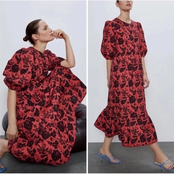 Zara Dresses & Skirts - Zara Blogger Maxi Dress Red Floral Embroidered Beaded Sequins Balloon Sleeve NEW